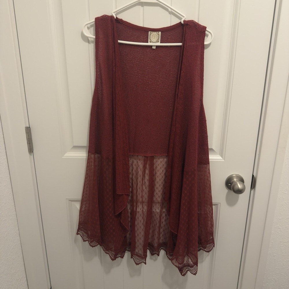 Tru Self Women's Deep Red Sleeveless Cardigan Sheer Bottom Size 2X